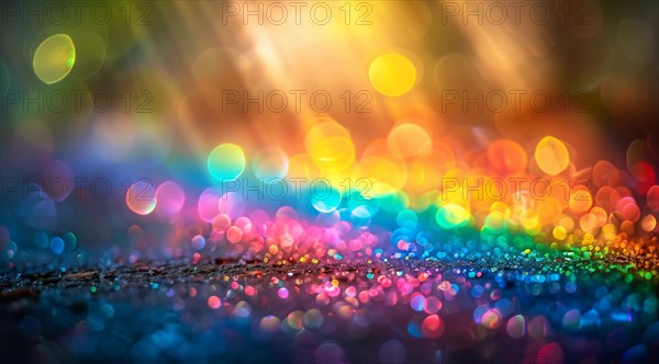 Vibrant and colorful bokeh light particles creating a glittery, defocused abstract effect, ai generated, AI generated