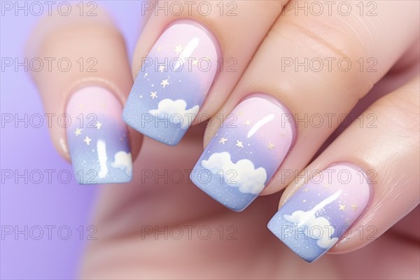 Woman's fingernails with pastel colored cloud design nail polish. KI generiert, generiert AI generated