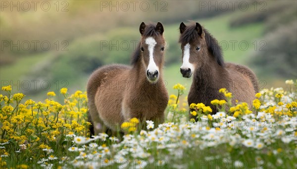 KI generated, animal, animals, mammal, mammals, biotope, habitat, two, flower meadow, foraging, wildlife, meadow, pasture, Exmoor pony, horse, horses, ungulates, English pony breed, South West England, Exmoor, (Equus ferus caballus), foal