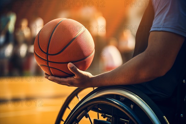 Close up of man in wheelchair holding baseball ball on sports field. KI generiert, generiert AI generated