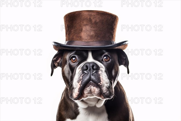 Portrait fo dog with tophat on white background. KI generiert, generiert AI generated