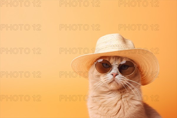 Cat with sunglasses and summer straw hat in front of yellow background with copy space. KI generiert, generiert AI generated