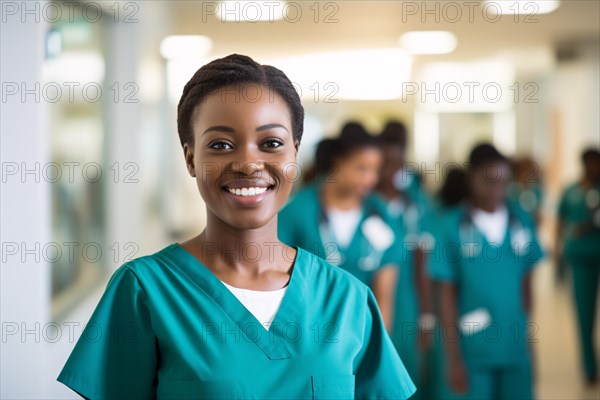Young African american woman in medical scrub. Female doctor or nurse in hospital. KI generiert, generiert AI generated