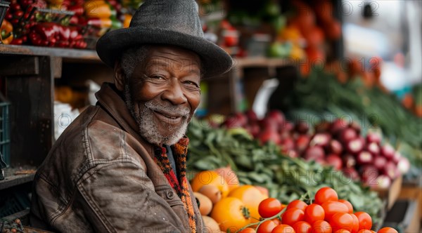 Jovial elderly man in a leather jacket and beret at a rustic fruit stall, ai generated, AI generated