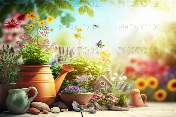 Serene garden setting with a terracotta watering can among vibrant plants and flowers, Spring garden background illustration, generated ai, AI generated