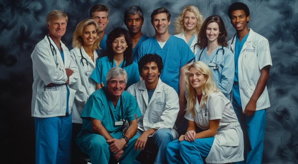 Group of smiling doctors in medical uniforms posing for a professional team photo, ai generated, AI generated