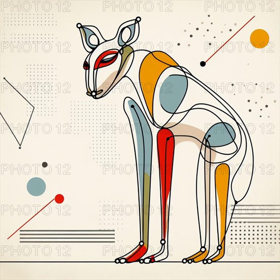 Vibrant abstract geometric design of a fox with bold colors, continuous line art, creature is stylized and simplified to the most basic geometric forms, exaggerated features, adorned with splashes of primary colors, clean white solid background, with subtle geometric shapes and thin, straight lines that intersect with dotted nodes and overlap the figures. The overall aesthetic is modern and contemporary, AI generated