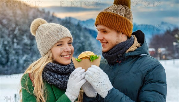 AI generated, human, humans, person, persons, man, woman, woman, two persons, 25, 30, years, outdoor, ice, snow, winter, seasons, eats, eating, burger, hamburger