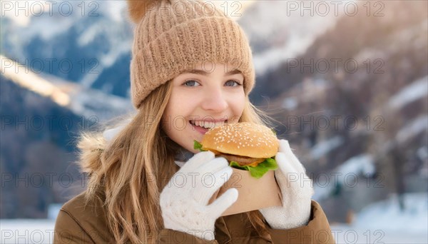 AI generated, human, humans, person, persons, woman, woman, 18, 20, years, one, outdoor, ice, snow, winter, seasons, eats, eating, burger, hamburger, cap, bobble hat, gloves, winter jacket, cold, coldness