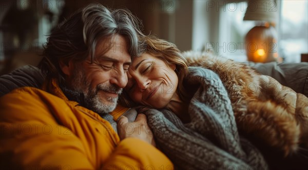 Senior couple shares a tender cuddling moment, creating a sense of coziness at home, ai generated, AI generated