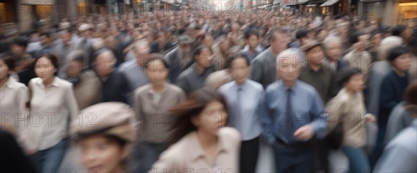 Blurred movement of a dense crowd on a city street conveying rush and anonymity, horizontal wide aspect ratio, daylight, AI generated