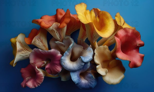 Mushroom chanterelle on blue background, top view AI generated