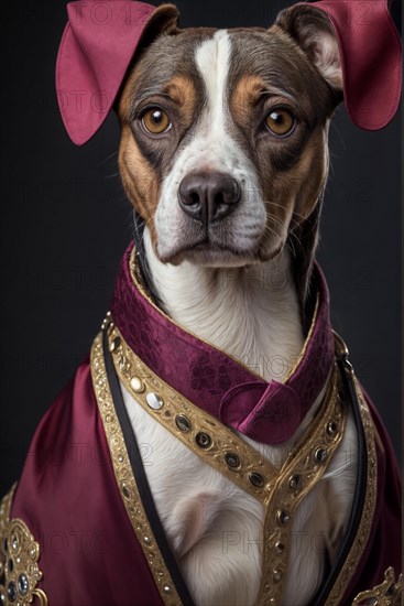 Regal dog in a noble costume, exuding seriousness and vintage charm, over grey solid studio background, AI generated