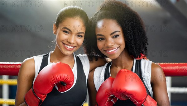 AI generated, woman, woman, 35, years, Thai, Thai, sport, boxing, gloves, Thai boxing, Muay Thai, two people, portrait, athletic, fight, fighting, popular sport, Thai boxer, boxing, boxing ring, African, African woman