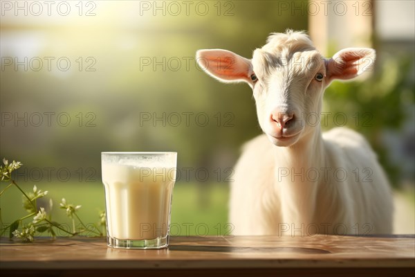 Glass of goat milk with white goat. KI generiert, generiert AI generated