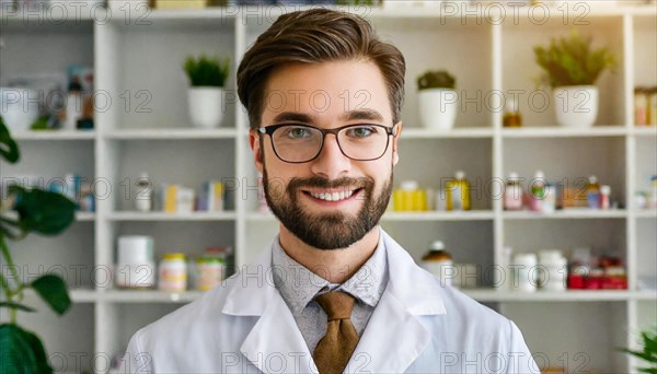 AI generated, A young pharmacist in his pharmacy, portrait, 30, 35, years, man, men, male, bearded, beautiful teeth, smiling, profession, professions, medicines in the background, a person