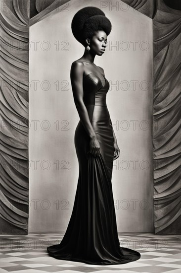 Vibrant black Woman and with a afro hairstyle in a long black dress standing side profile with a dignified pose in studio with tiled floor, AI generated