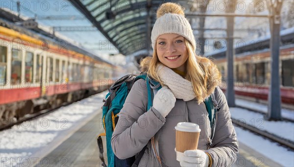 AI generated, A young blonde woman wants to travel and waits for the train at the station, 20, 25, blonde, blond, blonde, modern, noderne, aluminium suitcase, handbag, winter jacket, boots, sexy, attractive, attractive, long-haired, transport, traffic, coffee to go in hand, coffee, coffee cup