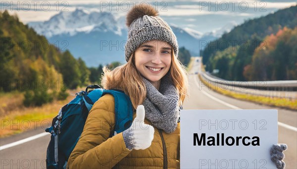 AI generated, human, humans, person, persons, woman, woman, one person, 20, 25, years, outdoor, seasons, cap, bobble hat, gloves, winter jacket, cold, cold, backpack, woman wants to travel, hitchhiking, hitchhiking, hitchhiking, road, motorway, sign saying Majorca