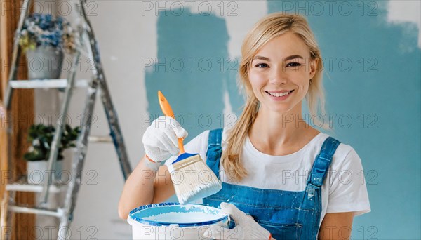 AI generated, woman, woman, a young girl paints a wall with new colour, blue, blue, blue door, renovation of old flat, paint roller, ladder, paint, 20, 25, years, one, a person, daughter, student, pastime, family, girl, smiles, smiling, fun at work, laughing, laughing, laughing, dungarees, jeans