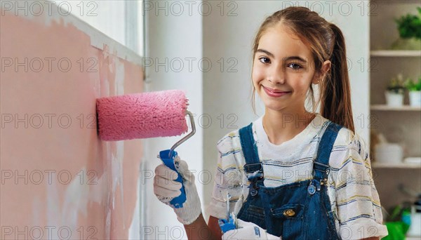AI generated, woman, woman, a young girl paints a wall with new colour, pink, pink, renovation of old flat, paint roller, ladder, paint, 20, 25, years, one, one person, daughter, student, pastime, family, girl, smiling, smiling, fun at work, laughing, laughing, laughing, dungarees, jeans
