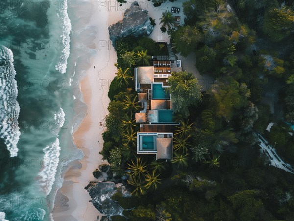 Aerial view of a secluded tropical villa with a thatched roof and pool by a sandy beach, Playa del Carmen beach in Mexico, AI generated