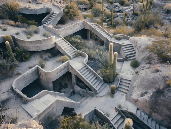 An aerial view of curved concrete pathways amidst desert flora in the tranquil light of dusk, Stairs in the desert in Mexico, AI generated