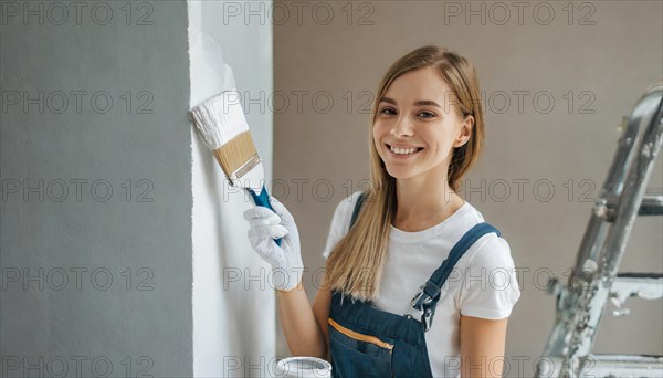 AI generated, woman, woman, a young girl paints a wall with new paint, white, white, renovation of old flat, paint roller, ladder, paint, 20, 25, years, one, one person, daughter, student, pastime, family, girl, smiling, smiling, fun at work, laughing, laughing, laughing, dungarees, jeans