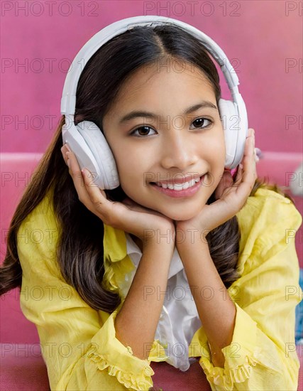 AI generated, human, humans, person, persons, woman, woman, girl, 20, years, one person, interior shot, sitting on the sofa and listening to music with headphones, relaxed, relaxed, white headphones, beautiful teeth, beautiful eyes, smiling, happy, dark-haired girl