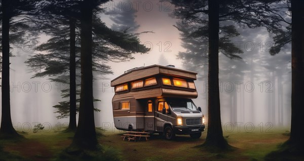 Camper van wooden motorhome, creative high-tech motorhome two-level in nature. Outdoor recreation, isolation, AI generated