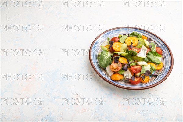 Vegetarian salad of pac choi cabbage, kiwi, tomatoes, kumquat, microgreen sprouts on a white concrete background. Side view, close up, copy space