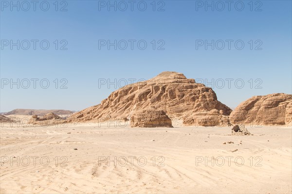 Desert, red mountains, rocks and blue sky. Egypt, the Sinai Peninsula, Dahab