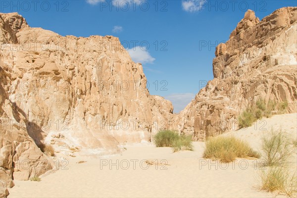 White canyon with yellow rocks, sunny day. Egypt, desert, the Sinai Peninsula, Nuweiba, Dahab