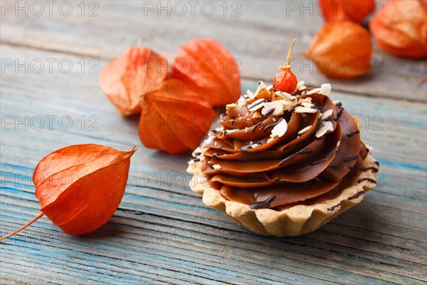 Sweet waffle, cake with cream and red physalis on a rustic blue wooden background