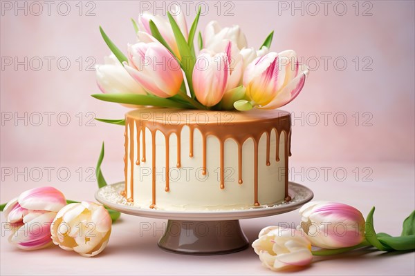 Cream cake with spring tulip flowers on cake stand. KI generiert, generiert AI generated