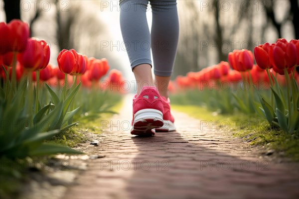 Close up of woman's feet with sport shoes jogging in park with red tulip spring flowers. KI generiert, generiert AI generated