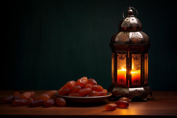 Ramadan lantern with a plate of succulent figs on dark background, set on an ornate table with intricate designs, evoking the rich traditions and serene moments of the holy month, AI generated