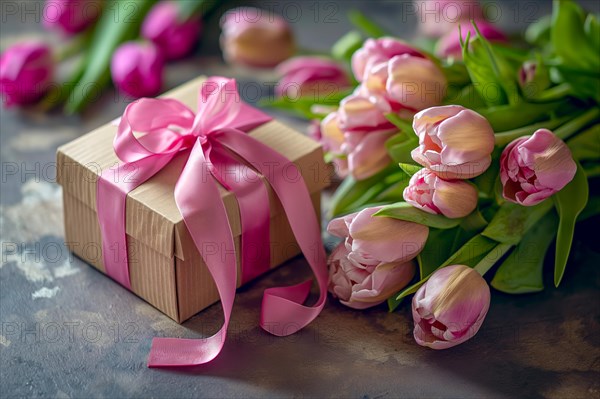 Gift Box with Pink Ribbon Beside bouquet of Fresh Tulips. Background for Valentine day, March 8, mother day, spring holidays, birthday, AI generated