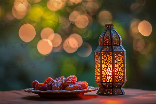 Ramadan lantern with a plate of succulent figs on bokeh background, set on an ornate table with intricate designs, evoking the rich traditions and serene moments of the holy month, AI generated