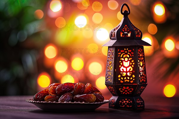 Ramadan lantern with a plate of succulent figs on bokeh background, set on an ornate table with intricate designs, evoking the rich traditions and serene moments of the holy month, AI generated
