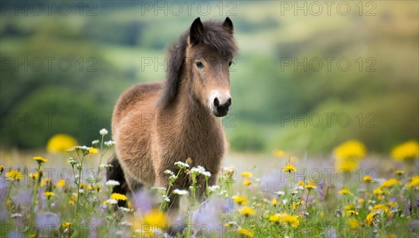 KI generated, animal, animals, mammal, mammals, biotope, habitat, one, individual animal, foraging, wildlife, meadow, pasture, Exmoor pony, horse, horses, ungulates, English pony breed, South West England, Exmoor, (Equus ferus caballus), foal, flower meadow