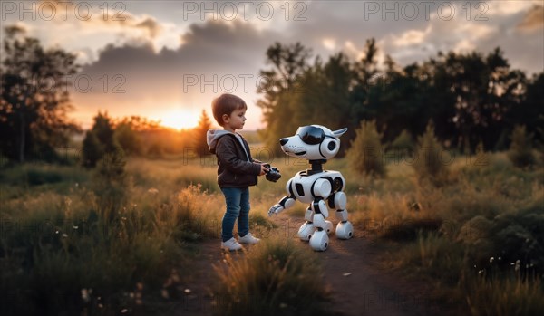 Child in VR glasses with a robot dog in nature. The concept of robotics in children's lives, AI generated