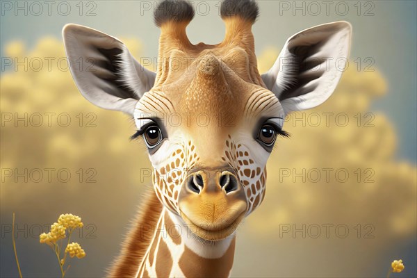 Funny little painted giraffe, portrait, coloured drawing, painting, AI generated, AI generated