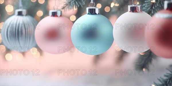 Pastel colored Christmas tree baubles in a row. KI generiert, generiert AI generated