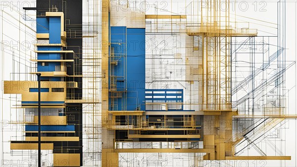 Detailed architectural plan of a blue and gold palette, high-rise building, horizontal aspect ratio, off white background color, AI generated