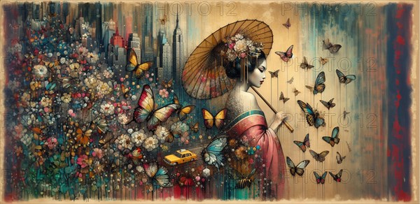 A richly colored scene portraying a geisha among flowers and butterflies with a vintage taxi, shunga vintage japanese themed style art, AI generated
