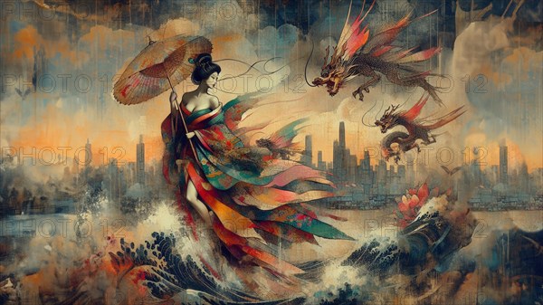 Dynamic fantasy art of a woman with flowing robes and a dragon with a city skyline background, shunga vintage japanese themed style art, AI generated