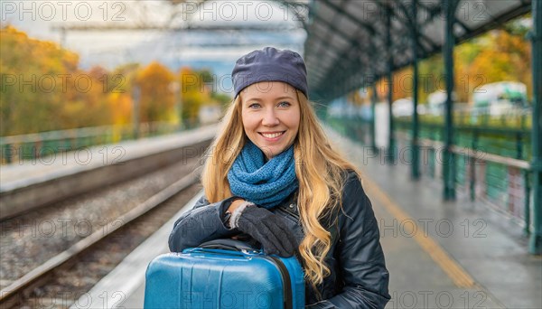 AI generated, A young blonde woman wants to travel and waits for the train at the station, 20, 25, blonde, blond, blonde, modern, modern, aluminium suitcase, handbag, fur jacket, white, sneakers, shoes, sexy, attractive, attractive, long-haired, transport, traffic