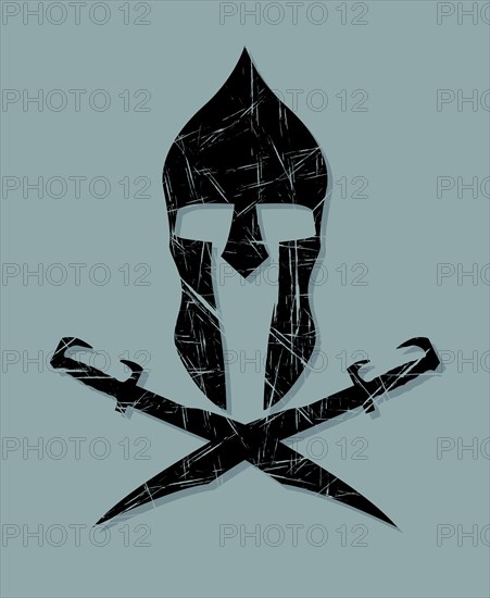 Spartan warrior and swords symbol, vector grunge effect