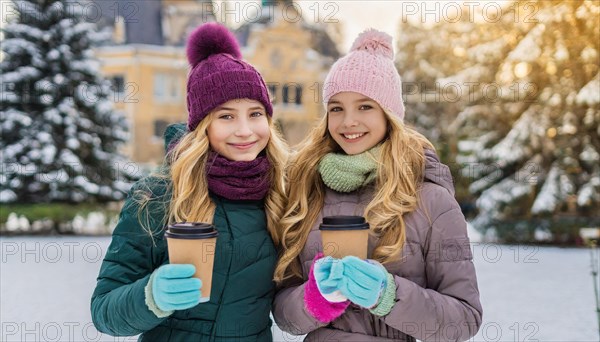 AI generates, human, humans, person, persons, child, children, girl, two, 15, years, outdoor, ice, snow, winter, seasons, drinks, drinking, coffee to go, coffee, cup, paper cup, hot drink, cap, bobble hat, gloves, winter jacket, cold, coldness